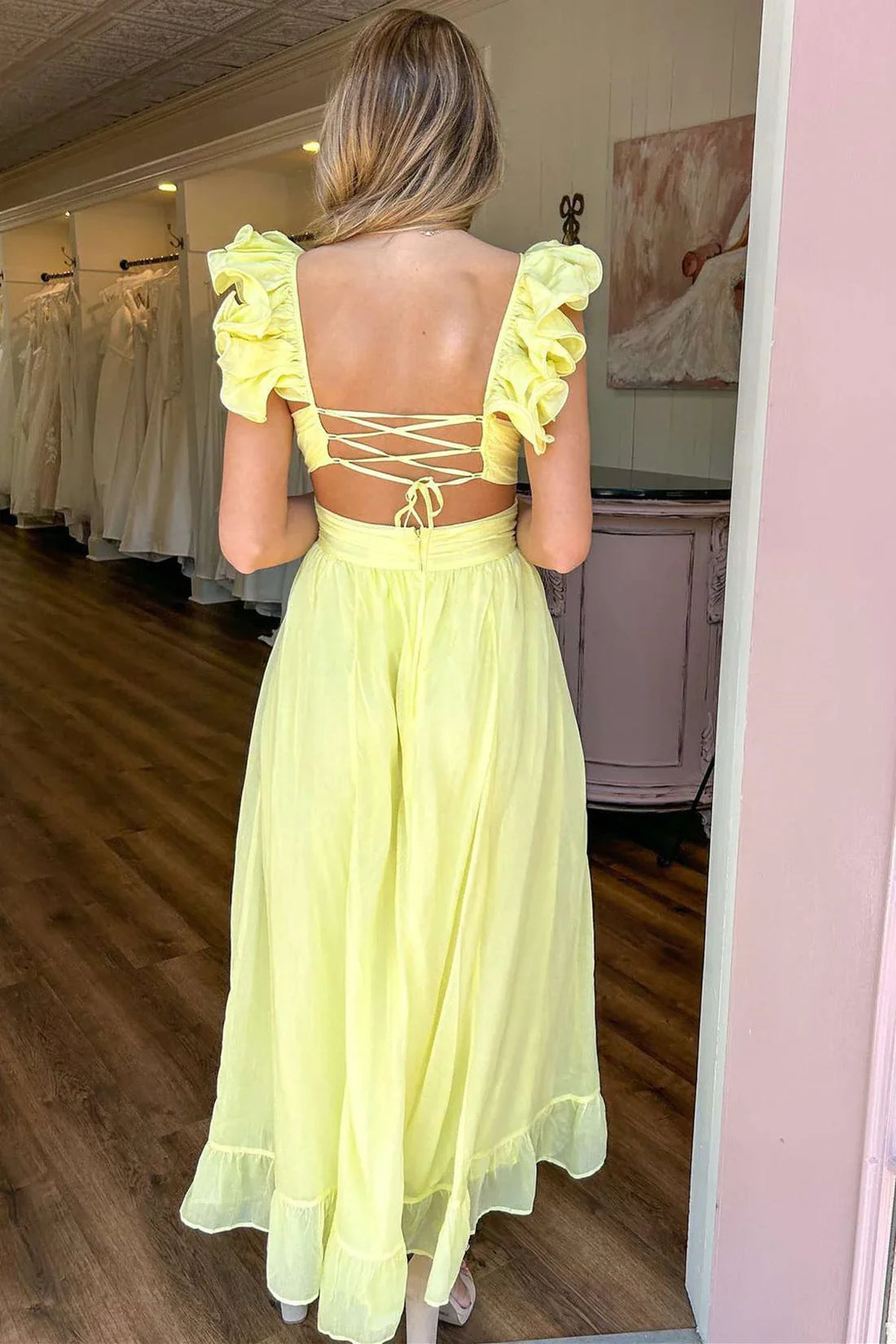 Luolandi Yellow Lace-Up Plinging V-Neck A-Line Cute Prom Dress Charming Party Dress Formal Dress